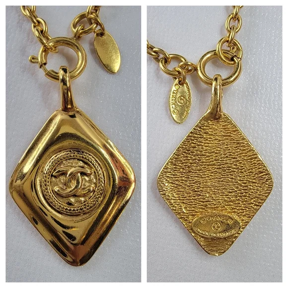 CHANEL CC Logo Diamond Shaped Gold Tone Necklace - Picture 6 of 10